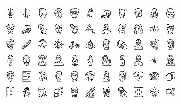 Common illnesses outline icon set with symptoms healthcare disease and medical symbols vector collection