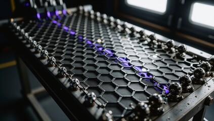 Fototapeta premium Futuristic hexagonal surface with metallic spheres and glowing purple energy line in dark environment