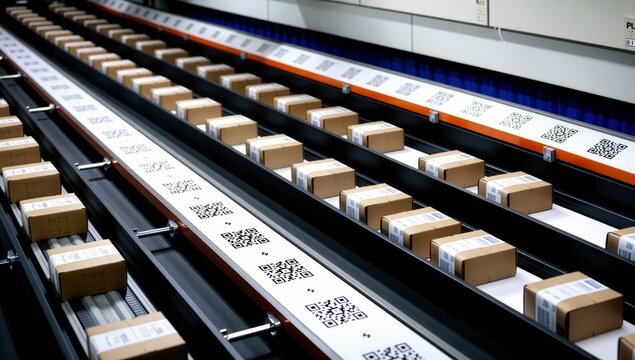 Automated sorting system with conveyor belts carrying small packages marked with QR codes
