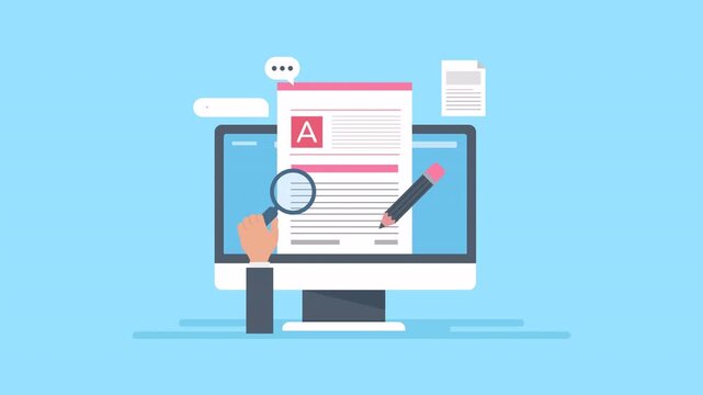 Content research and writing. Online blog article publish on internet. Content researcher uses magnifying glass on computer document. Perfect for research, analysis, and reviewing. 2d animation.