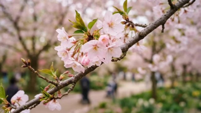 Cherry blossoms on a stem close up with bokeh background