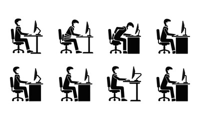 Obraz premium Vector icon set of ergonomic posture, correct and incorrect working positions at computer desk