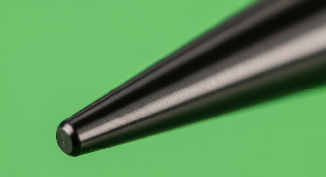 Close up macro shot of a black pen tip on a green background.