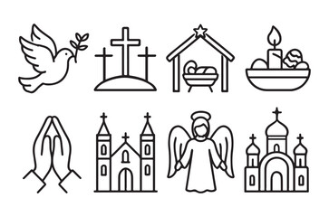 Fototapeta premium Christian symbols including doves churches and nativity scene elements