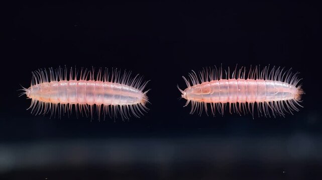 Two Pink Polychaete Bristle Worms Swimming Underwater Macro View