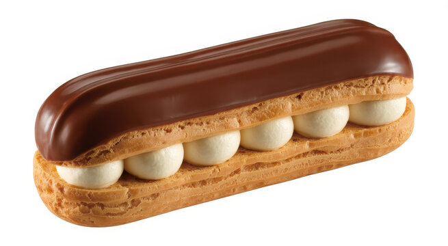 Single chocolate eclair with cream filling isolated on a white background, side view