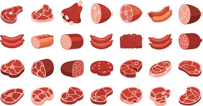 Meat cuts and sausages collection with beef pork salami ham and steak icons butcher food vector illustration