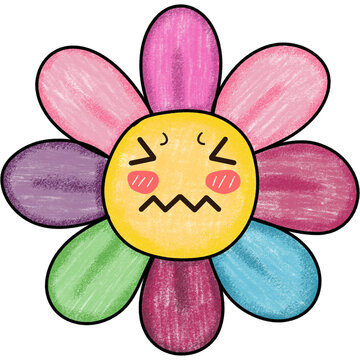 Cute flower character with frustrated or nervous facial expression.