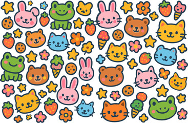 Obraz premium Cute kawaii animals seamless pattern with colorful cartoon characters
