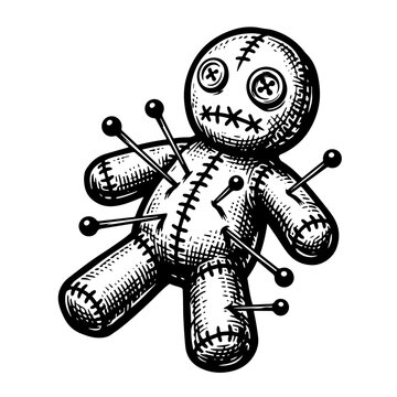 A traditional woodcut-style vector illustration of a voodoo doll with pins stuck in it on a white background, symbolizing magic and mysticism.