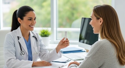 Fototapeta premium A smiling female doctor presents a test strip to a female patient during a medical consultation.