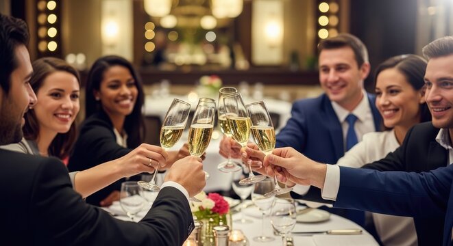 A group of diverse professionals are raising champagne glasses in a celebratory toast. They are seated around a large table laden with plates and silverware, enjoying a formal dinner.