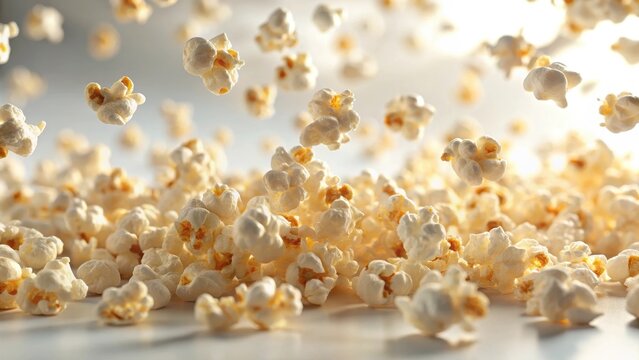 A photo of fluffy popcorn flakes floating gently on a pristine white background