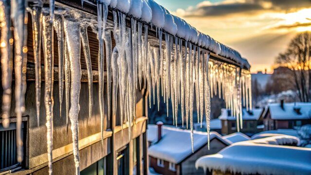 A photo of icycles hanging off a roof, icecovered metal, frozen branches, winter atmosphere, urban landscape, outdoor scene
