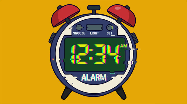 Digital alarm clock with neon green display showing 1234 AM time.