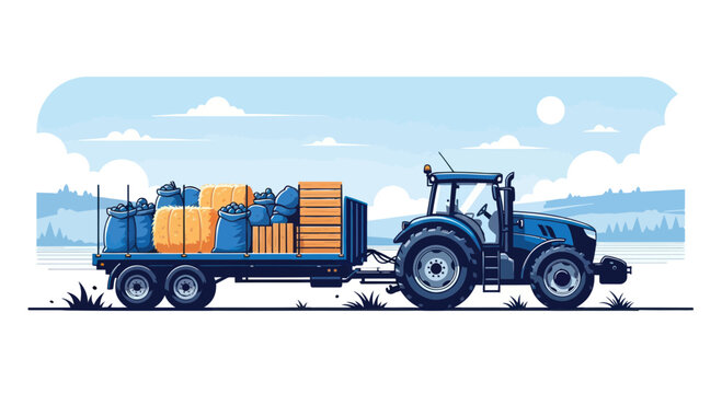 Blue Tractor Pulling Trailer with Hay Bales and Crates in Field