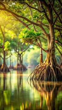 A serene mangrove forest whispers secrets beneath the Ranong sky, with towering roots kissing the waters edge, and delicate leaves rustling in a gent