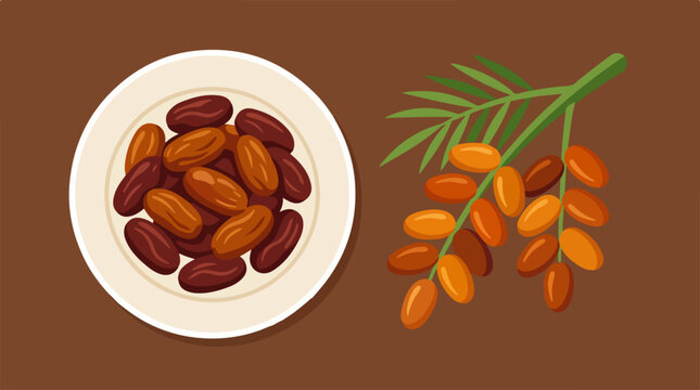 Fresh dates on a plate and date palm branches.