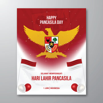 Indonesia Pancasila Day 1st June with Bahasa text. And garuda flag balloon confetti and Indonesia map on sunburst and red white gradient background