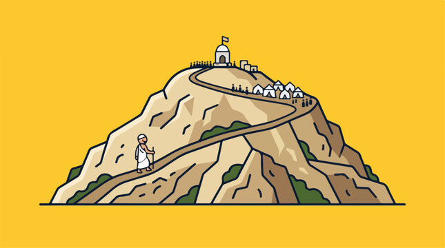 Illustration of a person climbing a mountain road towards a shrine.