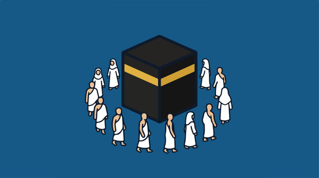 Isometric illustration of Muslims performing Tawaf around the Kaaba.