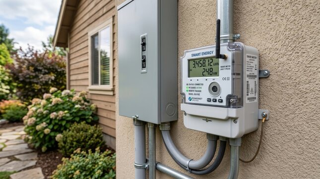 A smart meter is mounted on a beige exterior wall of a house. The meter displays a power consumption reading of 3458.