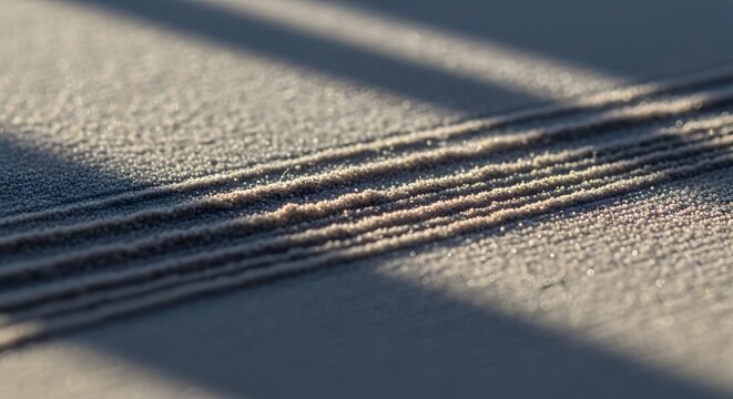Textured sandy surface with parallel linear indentations and diagonal shadow lines creating a minimalist abstract pattern evoking a sense of arid dryness and subtle movement