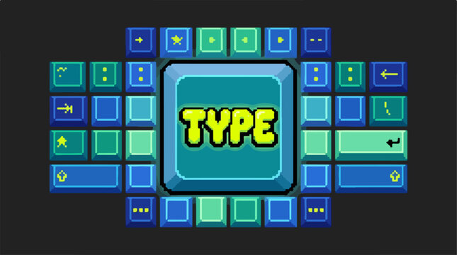 Pixel art keyboard layout with central key labeled TYPE.