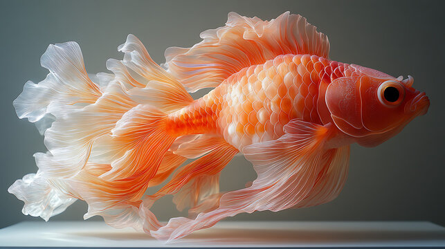 A holographic projection of an extinct Clownfish color morph, appearing lifelike and vibrant against a clean white backdrop, symbolizing the future of de-extinction technology 