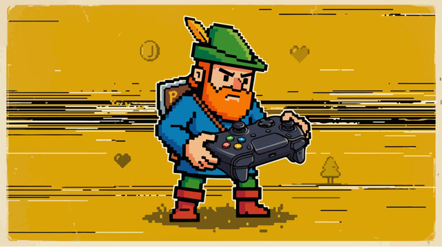Pixel Art Medieval Archer Playing Video Games.