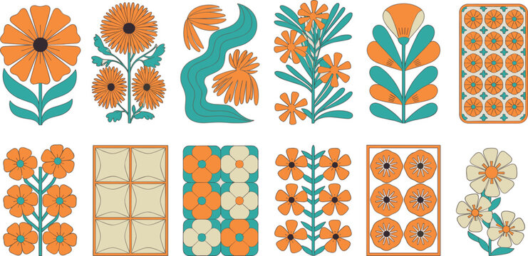 Floral pattern vector illustration set, decorative flowers tiles collection, geometric botanical designs, retro ornament flat design elements
