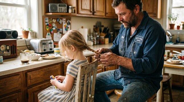 Candid moment of a blue-collar father in a work shirt tenderly braiding his young daughter's hair in a sunlit kitchen.