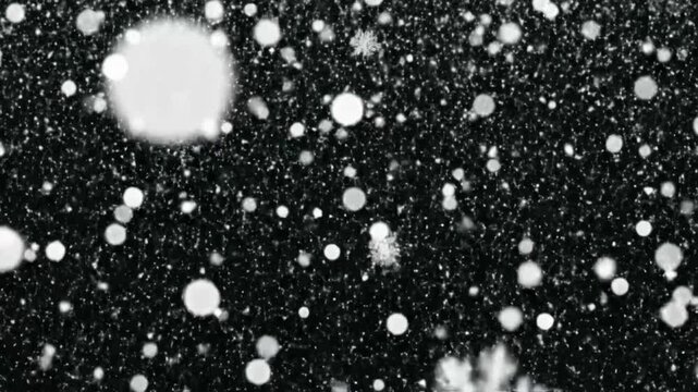 Snow falls on a black background creating a winter atmosphere with snowflakes and overlays