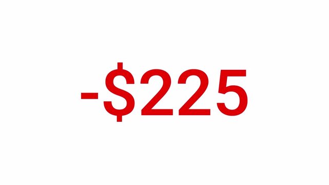 450 dollar negative balance and financial loss animation on transparent background, animated red minus dollar counter sign representing.