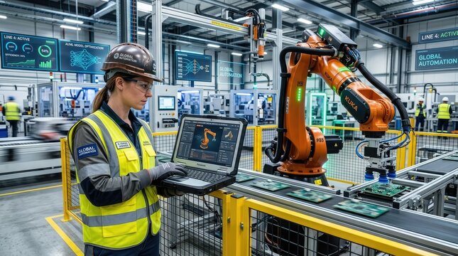 A female engineer wears a yellow and black safety vest and helmet while working at a high-tech manufacturing facility.
