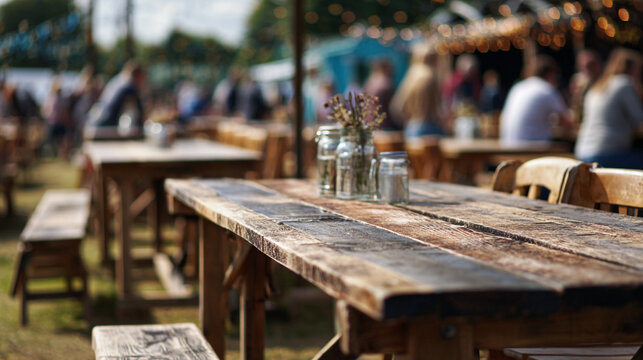Blurred Background of Empty Wooden Picnic Tables at an Outdoor Food Festival or Summer Event.