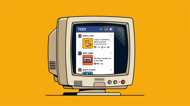 Retro computer monitor displaying a social media feed on a yellow background.