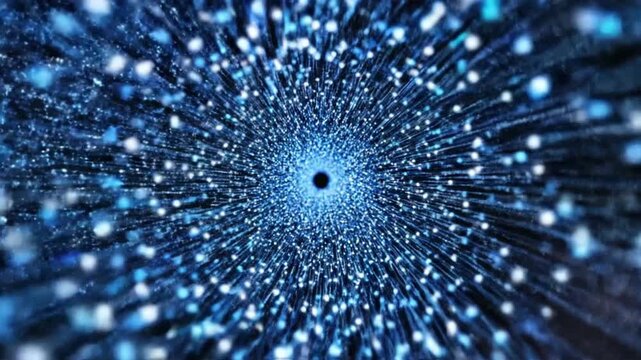 Movement of luminous particles in an abstract space with glowing trails in the dark background during a creative animation