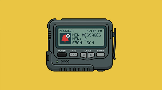 Retro digital pager device with message notification icon.