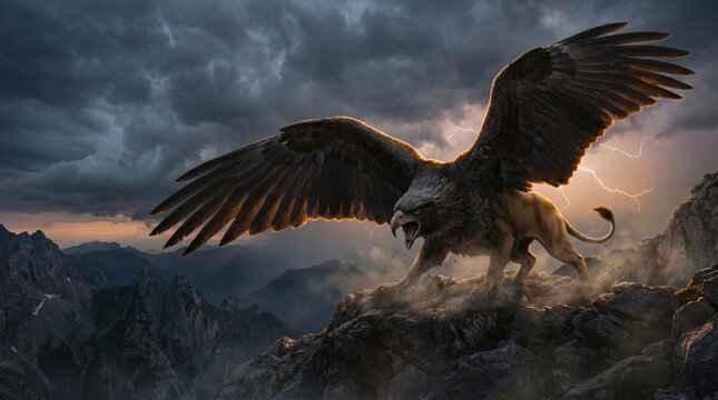 Griffin Mythical Eagle Lion Creature on Rocky Mountain in Thunderstorm