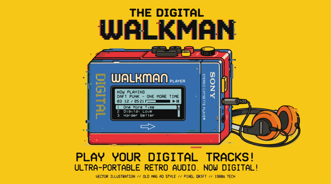 Retro digital Walkman illustration with headphones on yellow background.