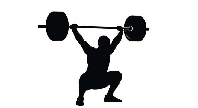 Weightlifter lifting barbell overhead in squat position silhouette