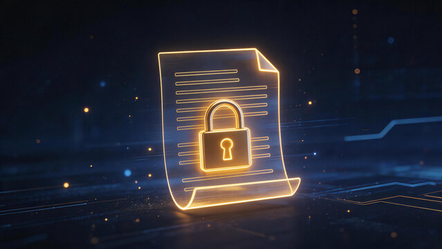 Glowing golden holographic legal document secured by a padlock in cyberspace, smart contract and data privacy concept.