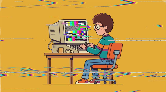 Retro illustration of a young person using an old computer with a glitchy screen.