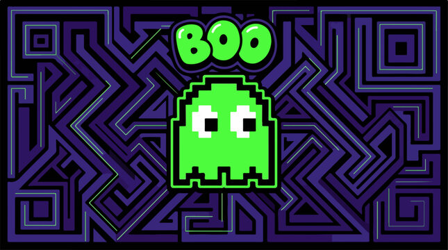 Retro pixel art style neon green ghost character with text on a dark purple maze background.