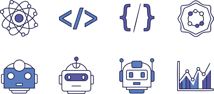 Artificial intelligence and coding icons vector set with robots code symbols atom and analytics for tech development and machine learning design
