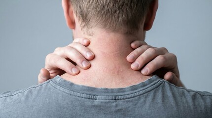 Fototapeta premium Rash Visible on the Sensitive Skin of a Mans Neck and Upper Back with Hands Expressing Discomfort