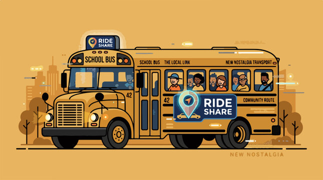 Yellow school bus ride share service concept illustration.
