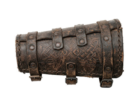 An ancient, intricately carved leather bracer with buckles, displayed against a stark white background, evoking a sense of historical craftsmanship and rugged durability.