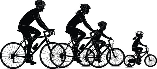 Obraz premium Black silhouette vector illustration of a family cycling together with parents and children on bicycles enjoying outdoor activity